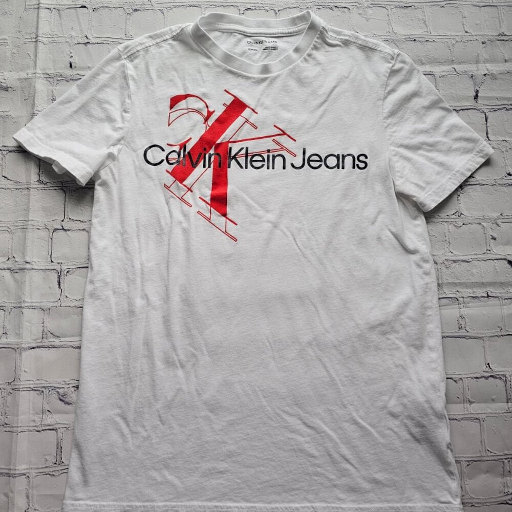 Calvin Klein‎ Jeans White T-Shirt XS Red CK Logo Graphic Front Tee Casual